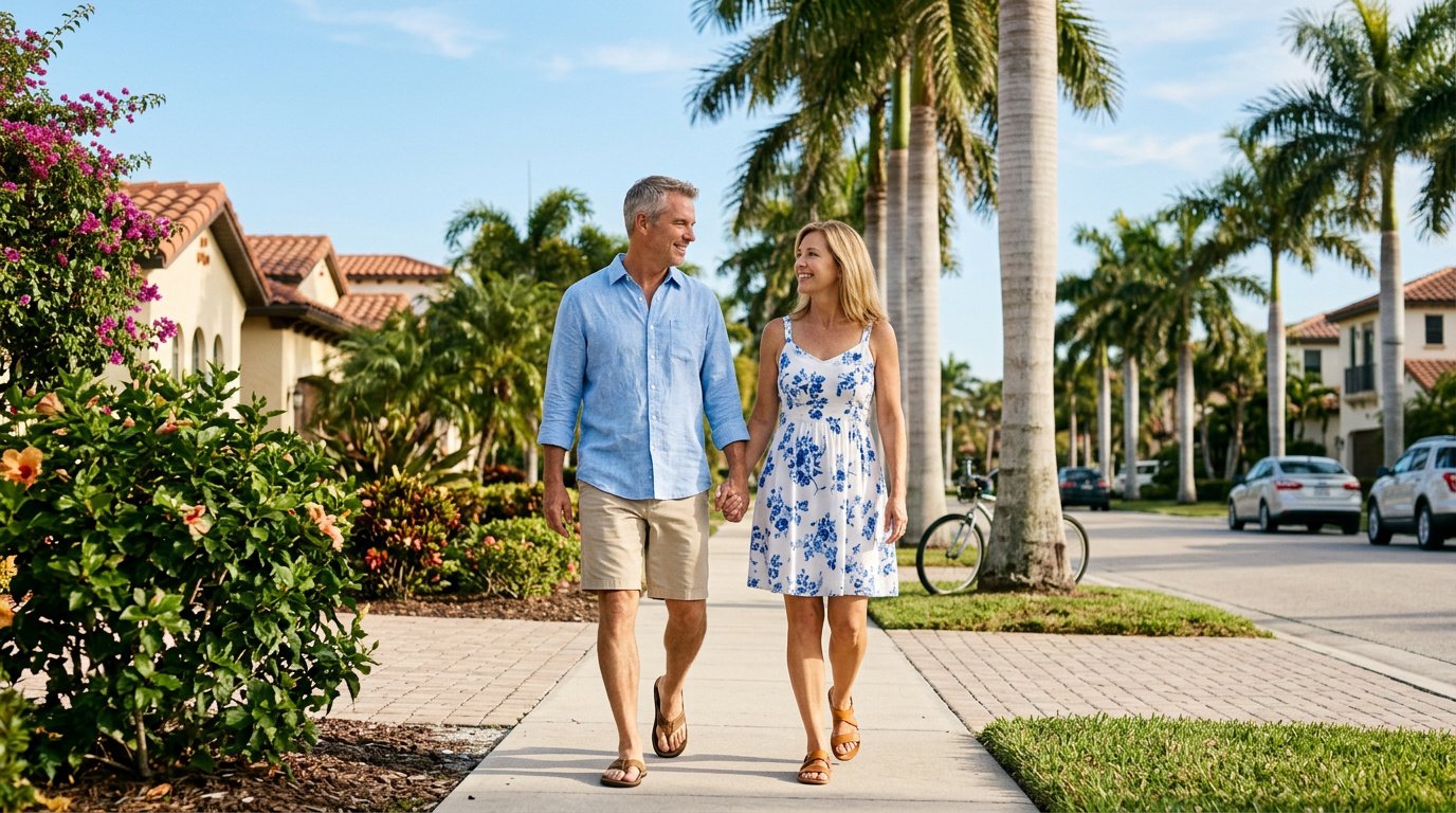 Couple walking hand-in-hand on a sunny street in Clearwater, surrounded by lush greenery and colorful flowers, reflecting a relaxed lifestyle and the importance of family protection in life insurance decisions.