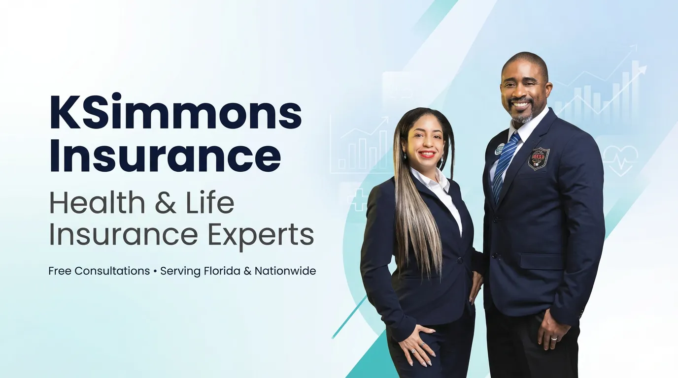 Two professional individuals in business attire, promoting KSimmons Insurance services.