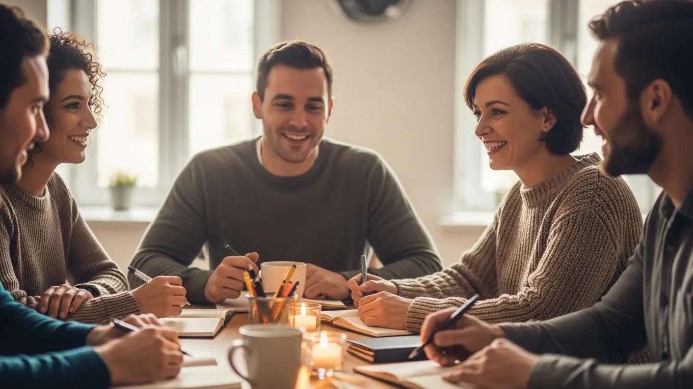 Diverse group discussing credit repair in a cozy setting, emphasizing support and empowerment