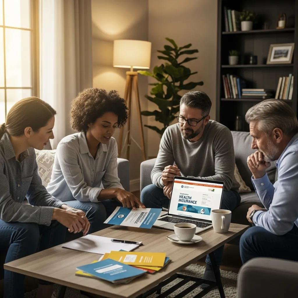 Diverse group discussing health insurance options in a cozy living room