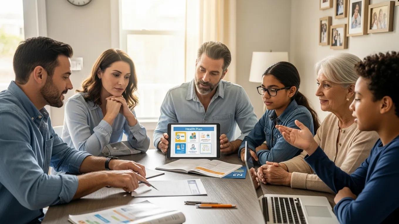 Diverse family discussing health insurance options at a table
