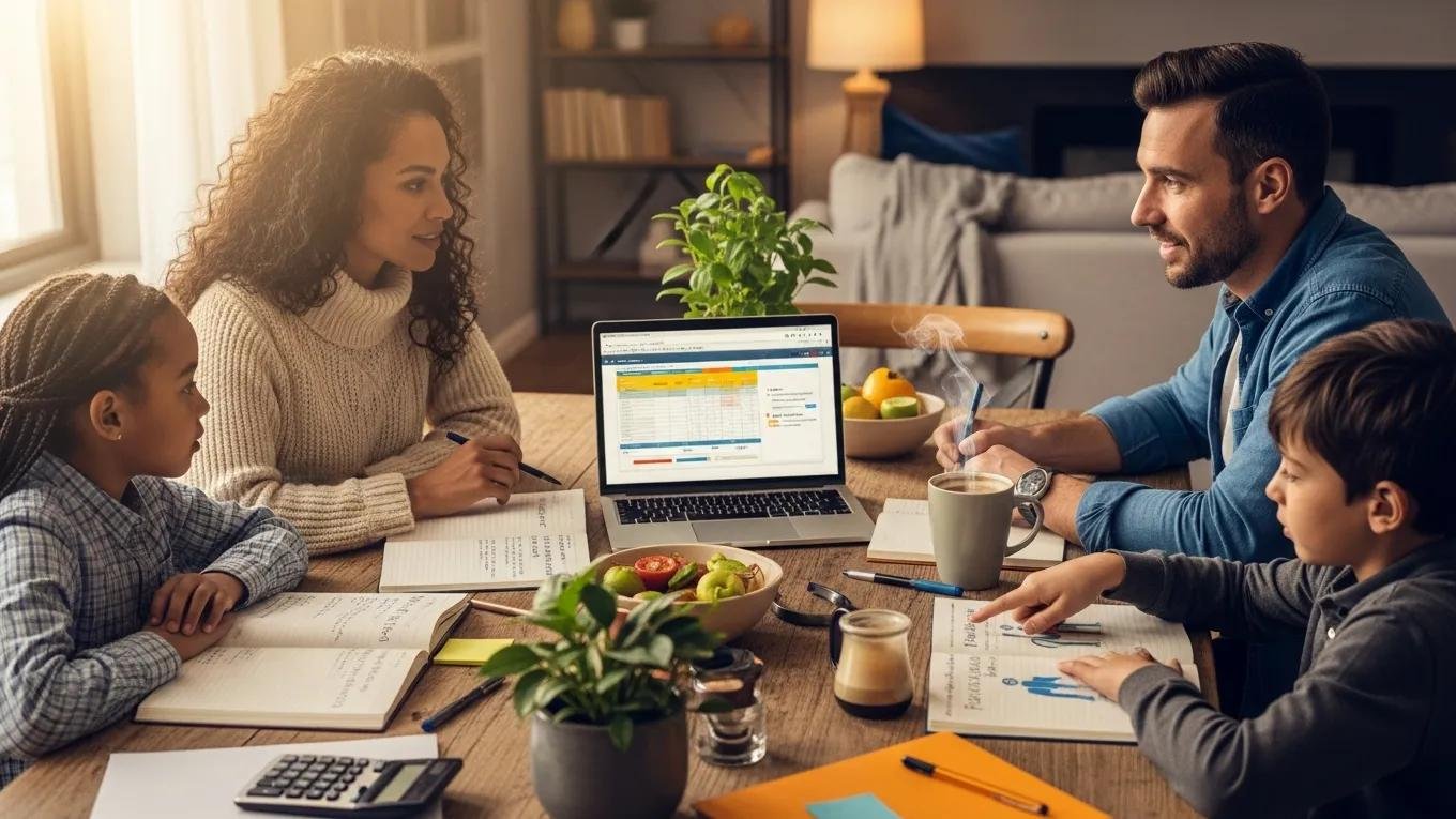 Family budgeting discussion around a dining table with a laptop and notebooks