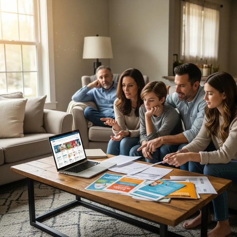 Family discussing health insurance options in a cozy living room