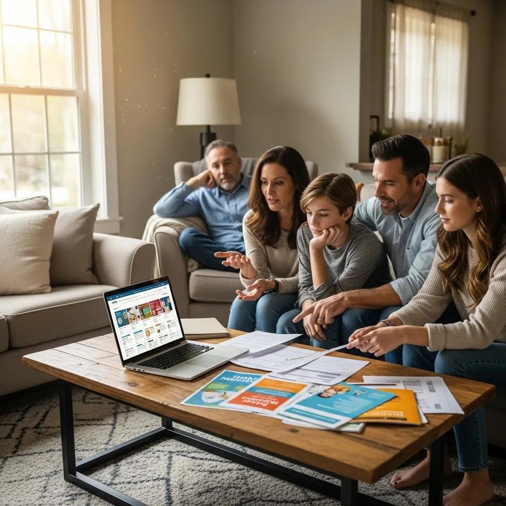 Family discussing health insurance options in a cozy living room