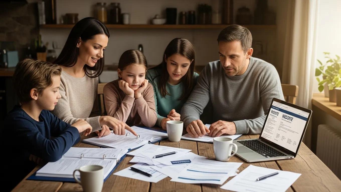 Family discussing insurance savings strategies at home