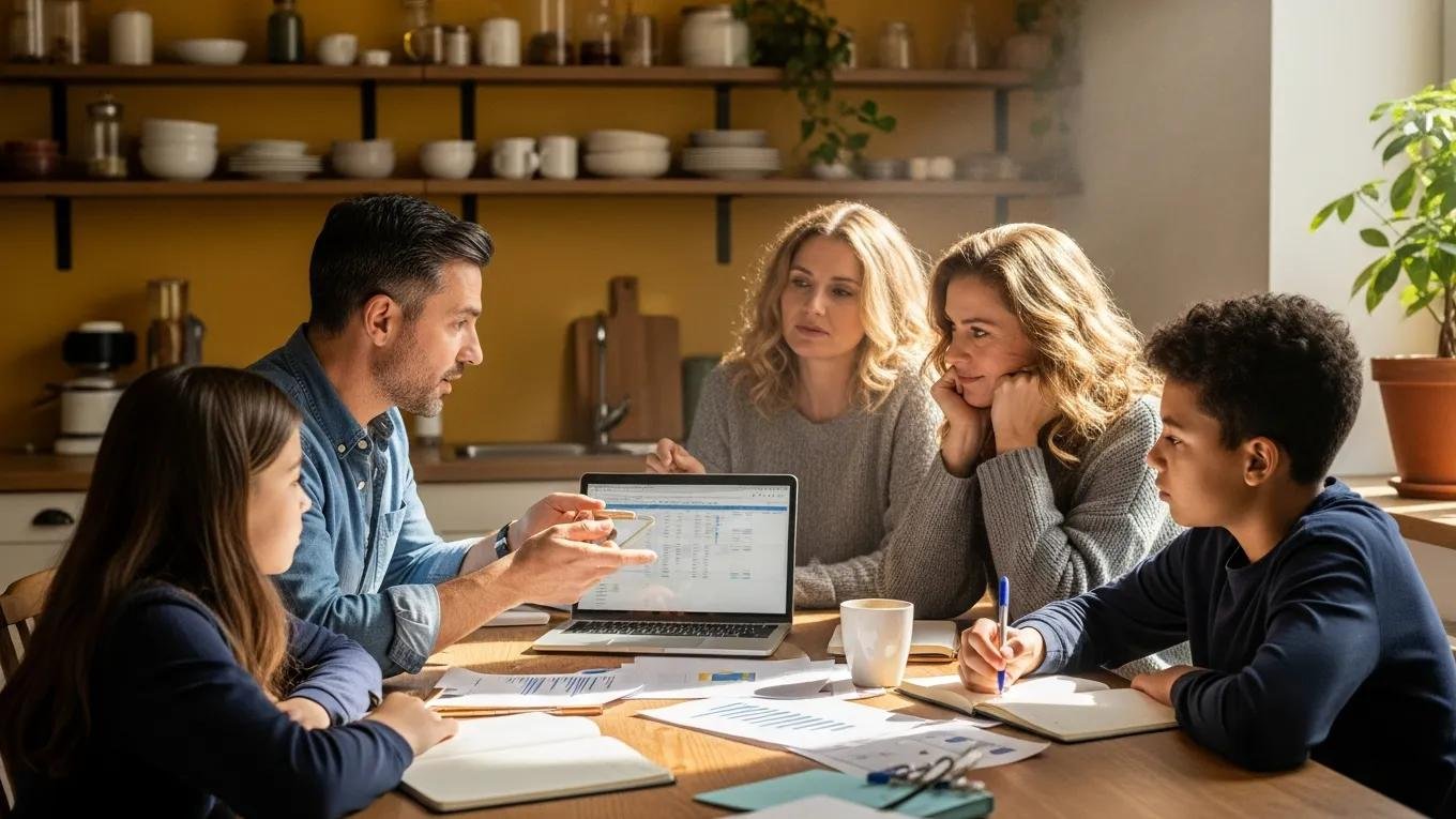 Family discussing life insurance options at a kitchen table, emphasizing financial planning