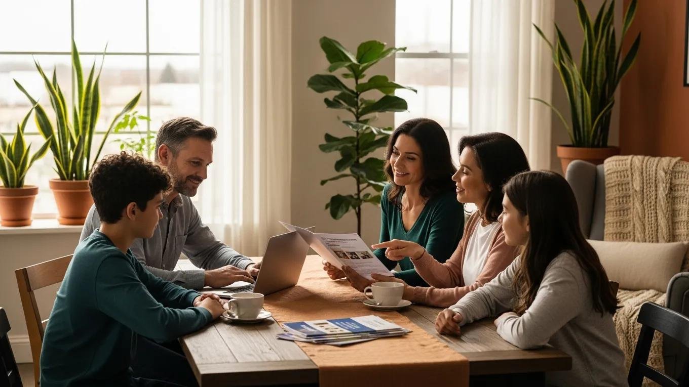 Family discussing life insurance options in a cozy setting, emphasizing financial security