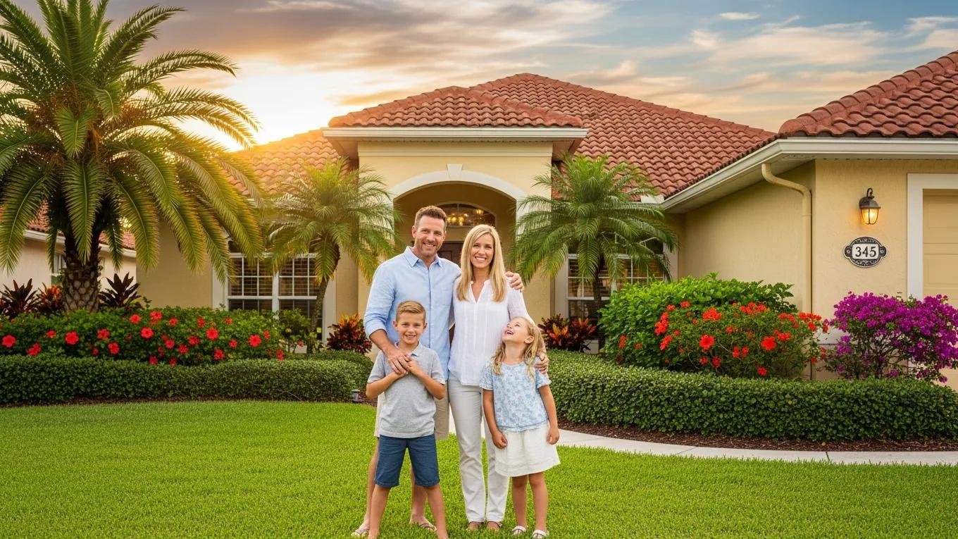 Family in front of their home in Bradenton, FL, representing the importance of homeowners insurance