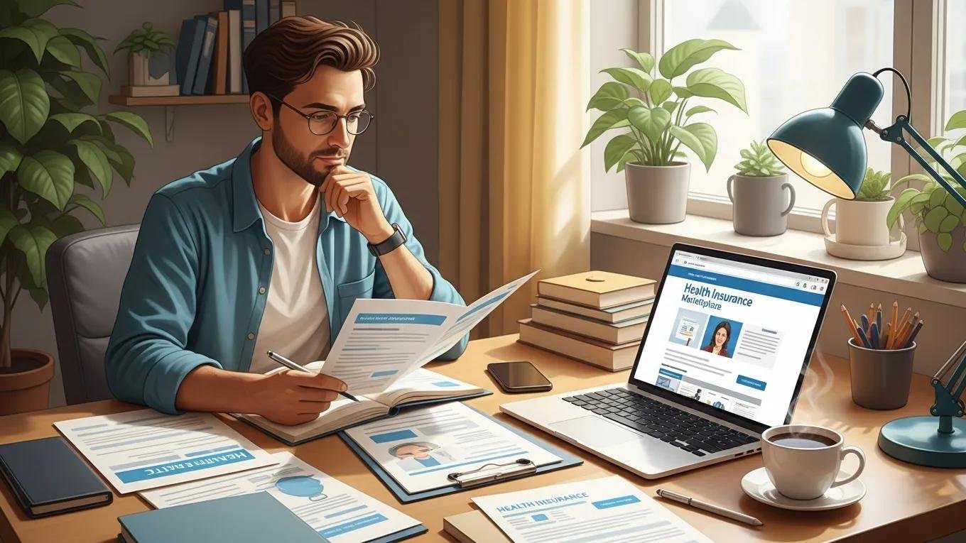 Self-employed individual in a cozy home office reviewing health insurance options