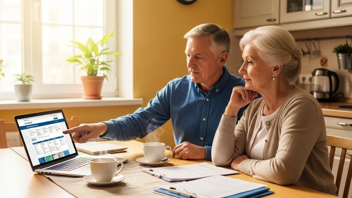 Senior couple discussing affordable health insurance options at home