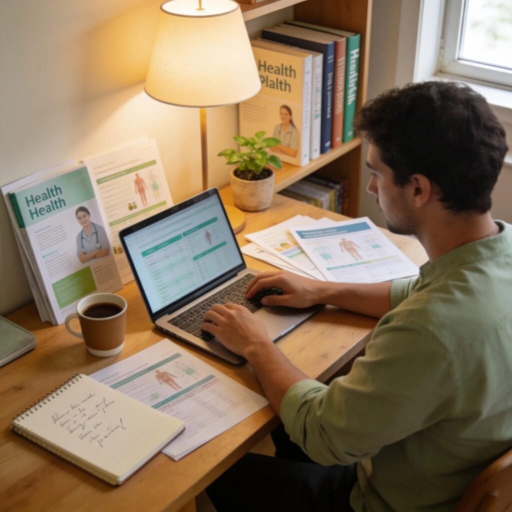 Self-employed individual working with health insurance materials in a cozy workspace