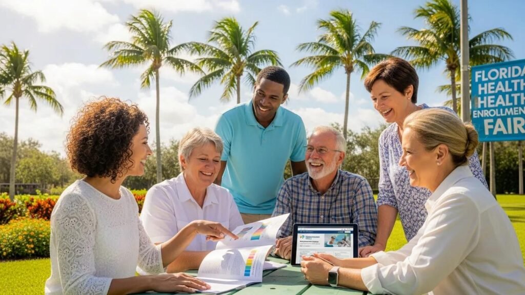 Diverse group of Floridians discussing health insurance options outdoors
