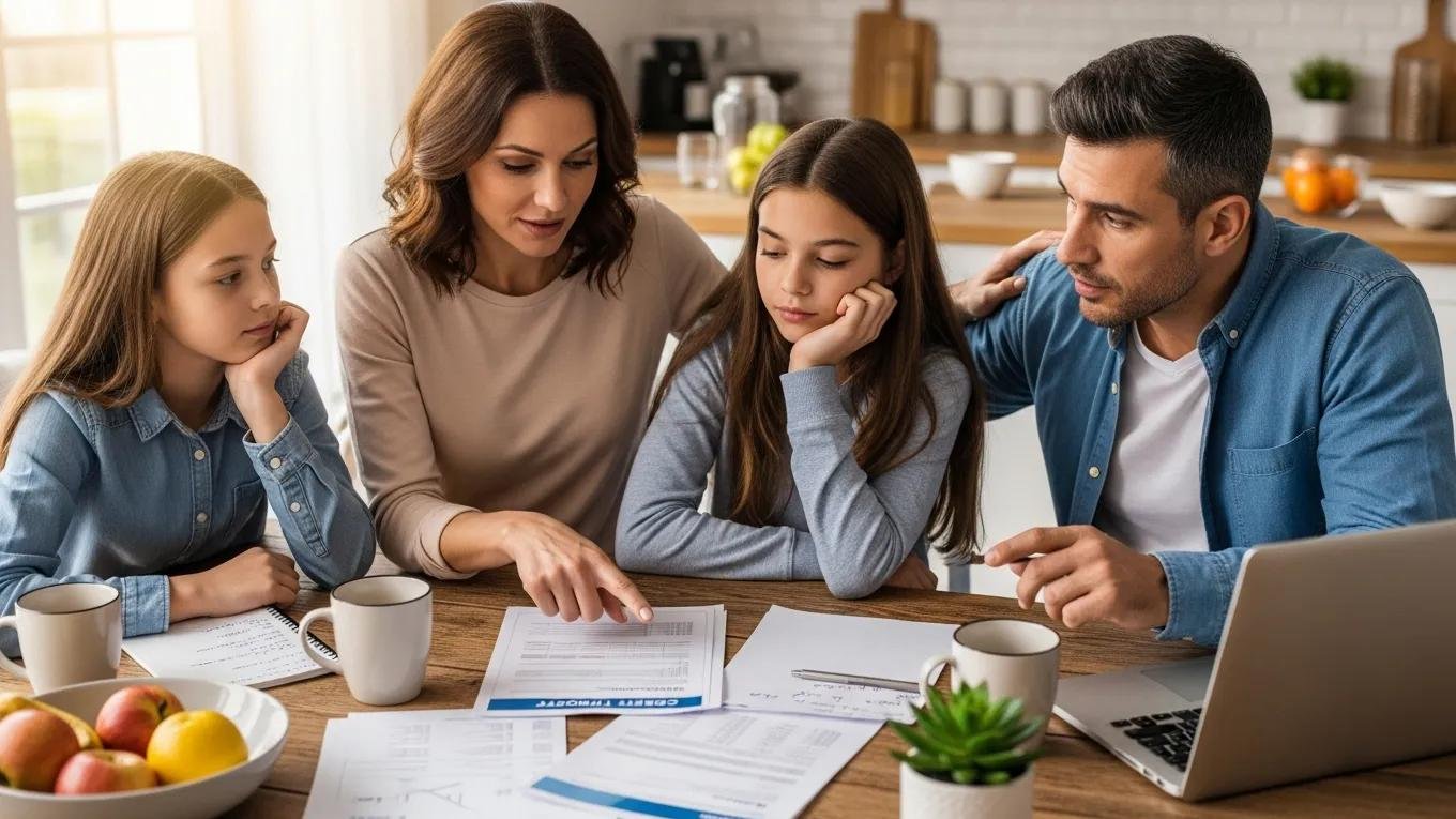 Family discussing credit repair strategies at a kitchen table