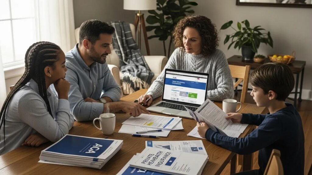 Family discussing health insurance options at a table, representing ACA and private health insurance choices