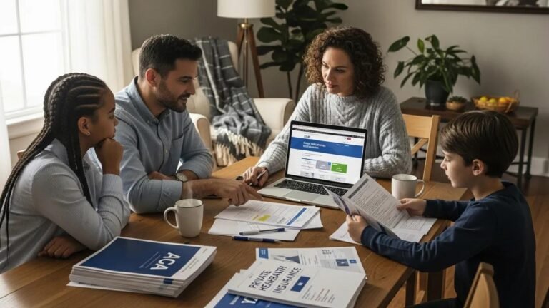Family discussing health insurance options at a table, representing ACA and private health insurance choices