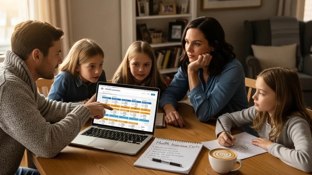 Family discussing health insurance options at home with a laptop and notepad