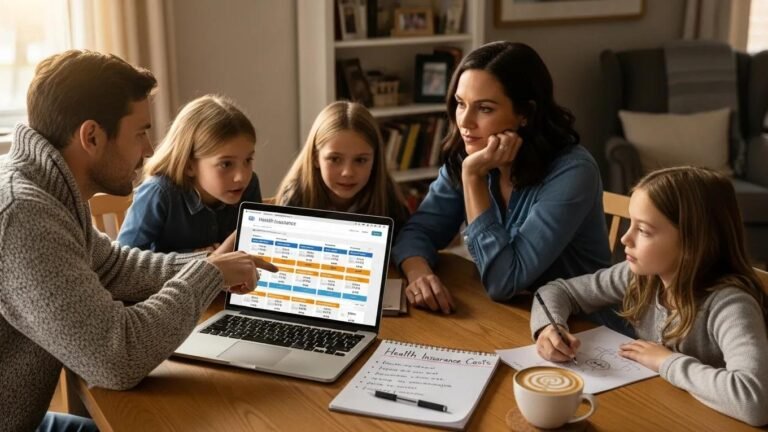 Family discussing health insurance options at home with a laptop and notepad