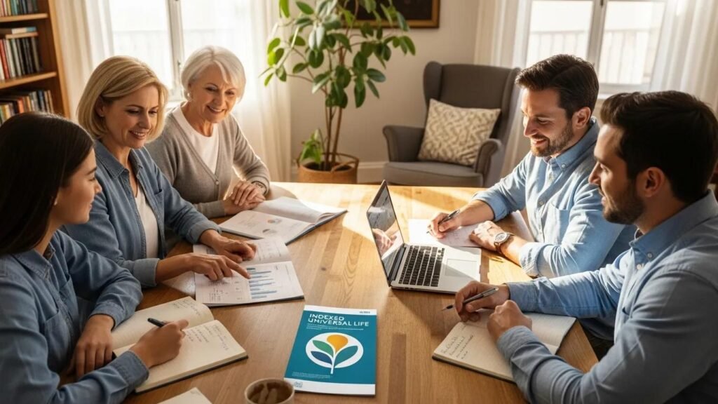 Family discussing Indexed Universal Life insurance at a table with financial documents