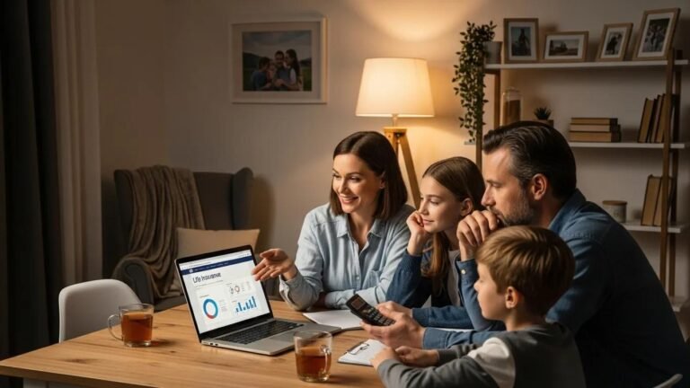 Family discussing life insurance planning with a laptop and calculator