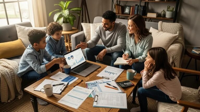 Family discussing whole life insurance in a cozy living room, emphasizing financial security