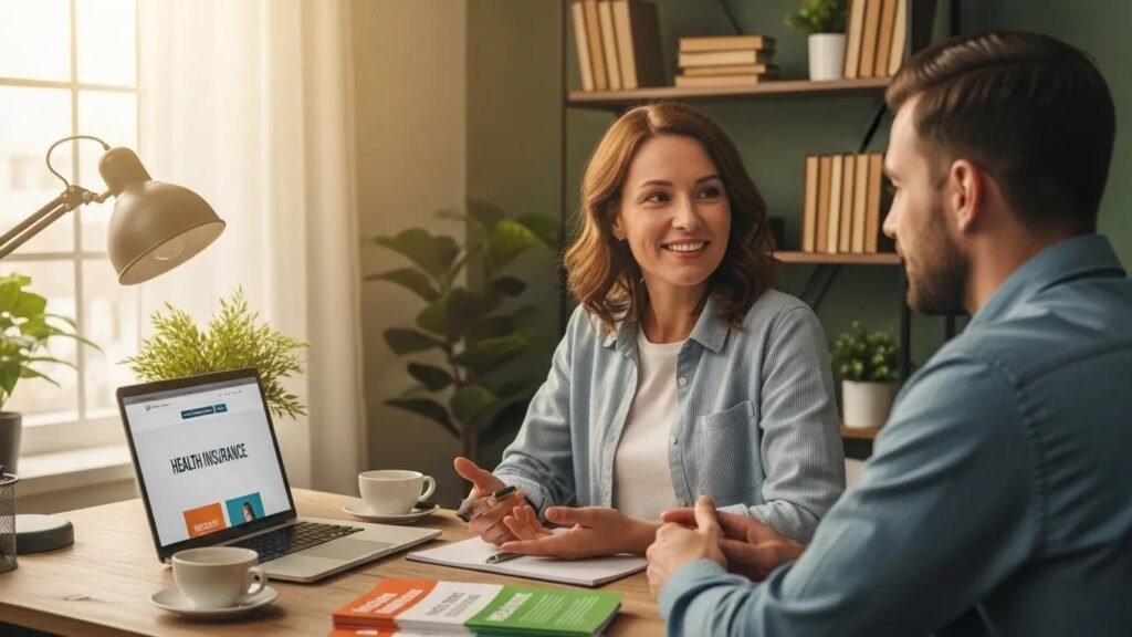 Small business owner and employee discussing health insurance options in a cozy office